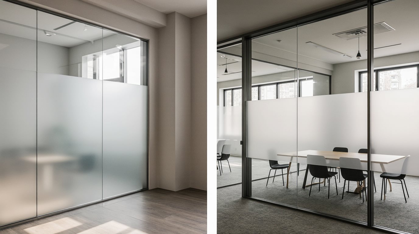 commercial-frosted-window-sticker-conference-room برچسب شیشه تجاری و برچسب شیشه مات در اتاق کنفرانس اداری برای ایجاد حریم خصوصی