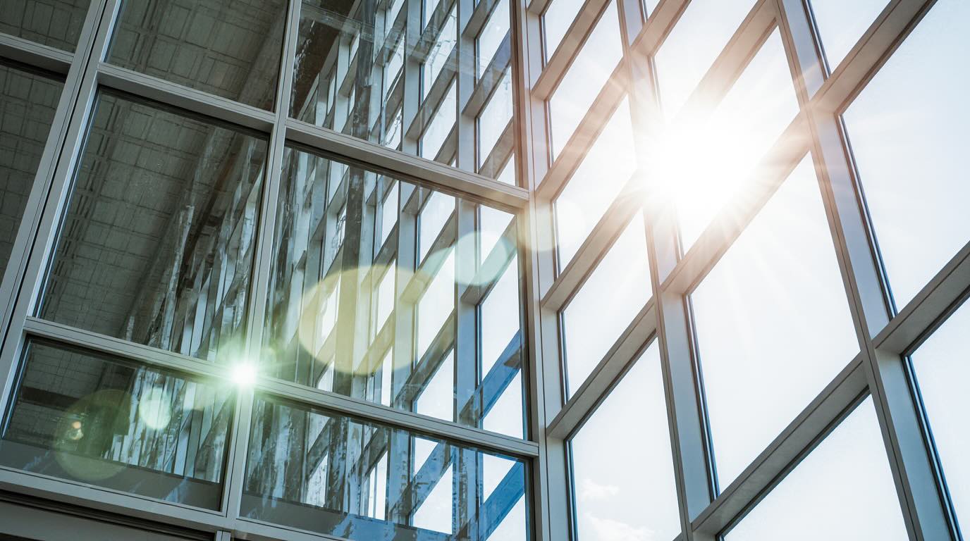 solar-control-window-sticker-commercial-building ساختمان اداری با برچسب کنترل انرژی خورشیدی برای بهبود بهرهوری انرژی