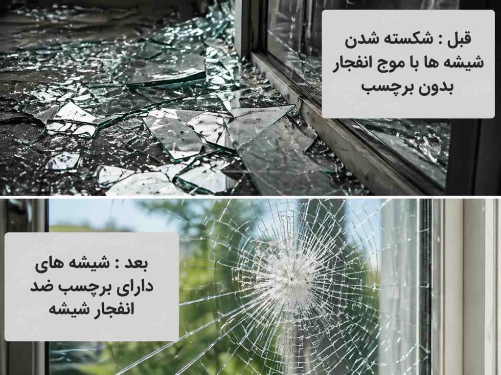 مقایسه قبل و بعد برچسب ضد انفجار شیشه