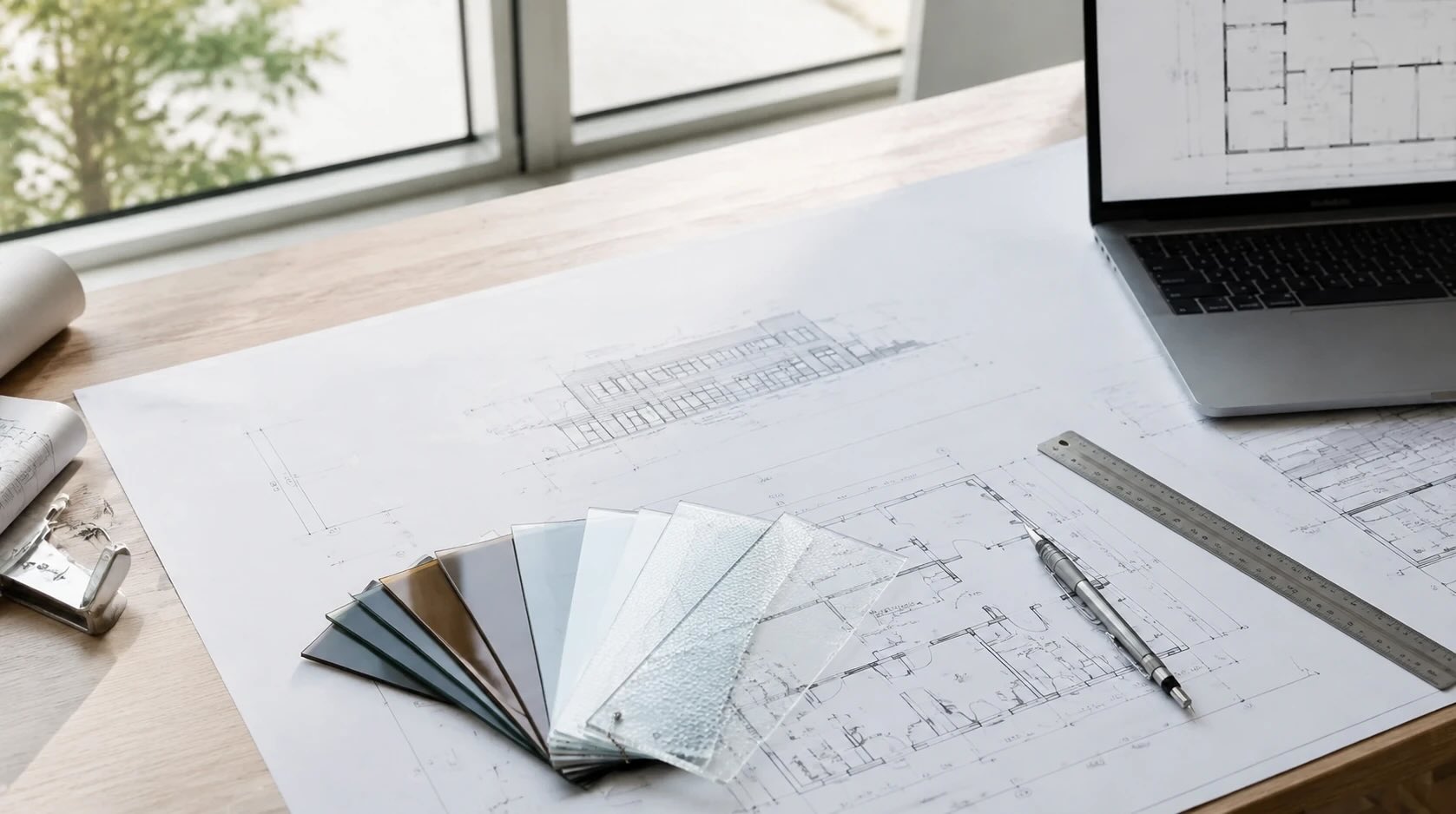 architect-window-film-samples-plans نمونههای شیشه ماتکن و فیلمهای پنجره روی نقشههای معماری برای انتخاب در پروژههای ساختمانی