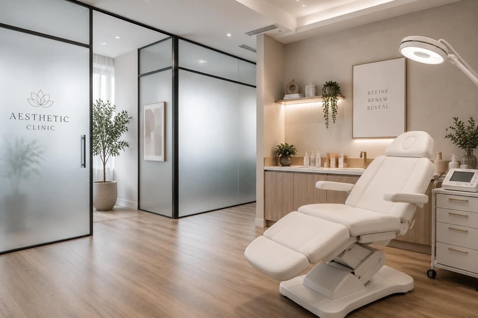 frosted-glass-beauty-clinic-partition-modern-interior پارتیشن شیشهای مات در کلینیک زیبایی مدرن با صندلی زیبایی و دکور مینیمال