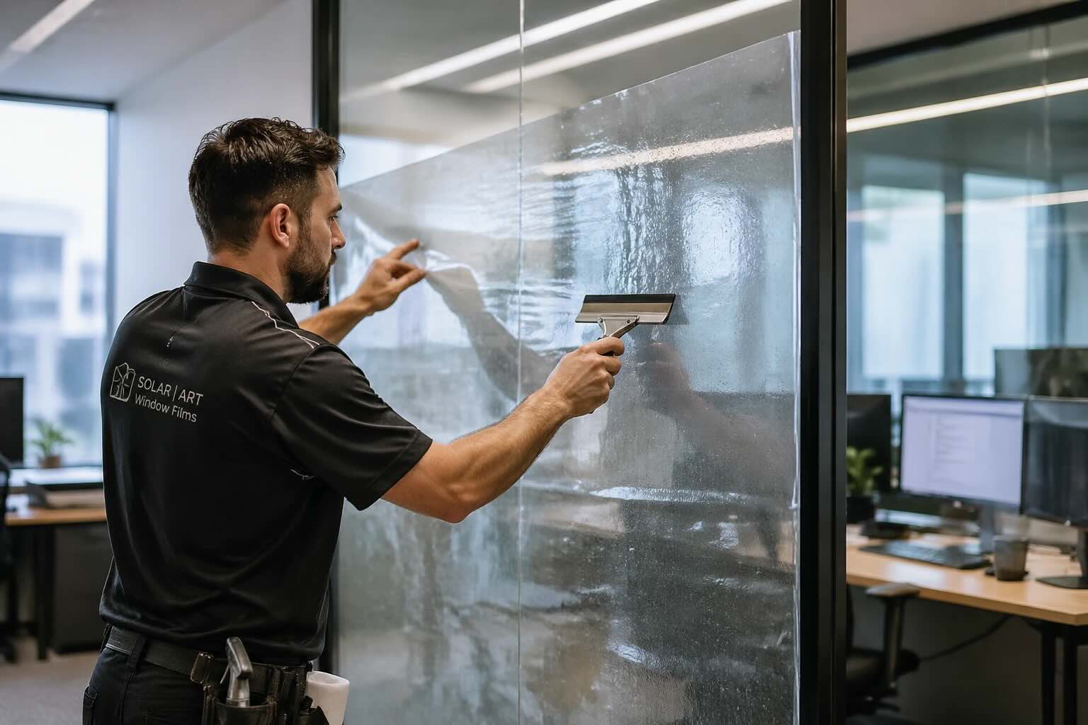 glass-security-film-installation اجرا و نصب برچسب لمینت شیشه توسط مات
