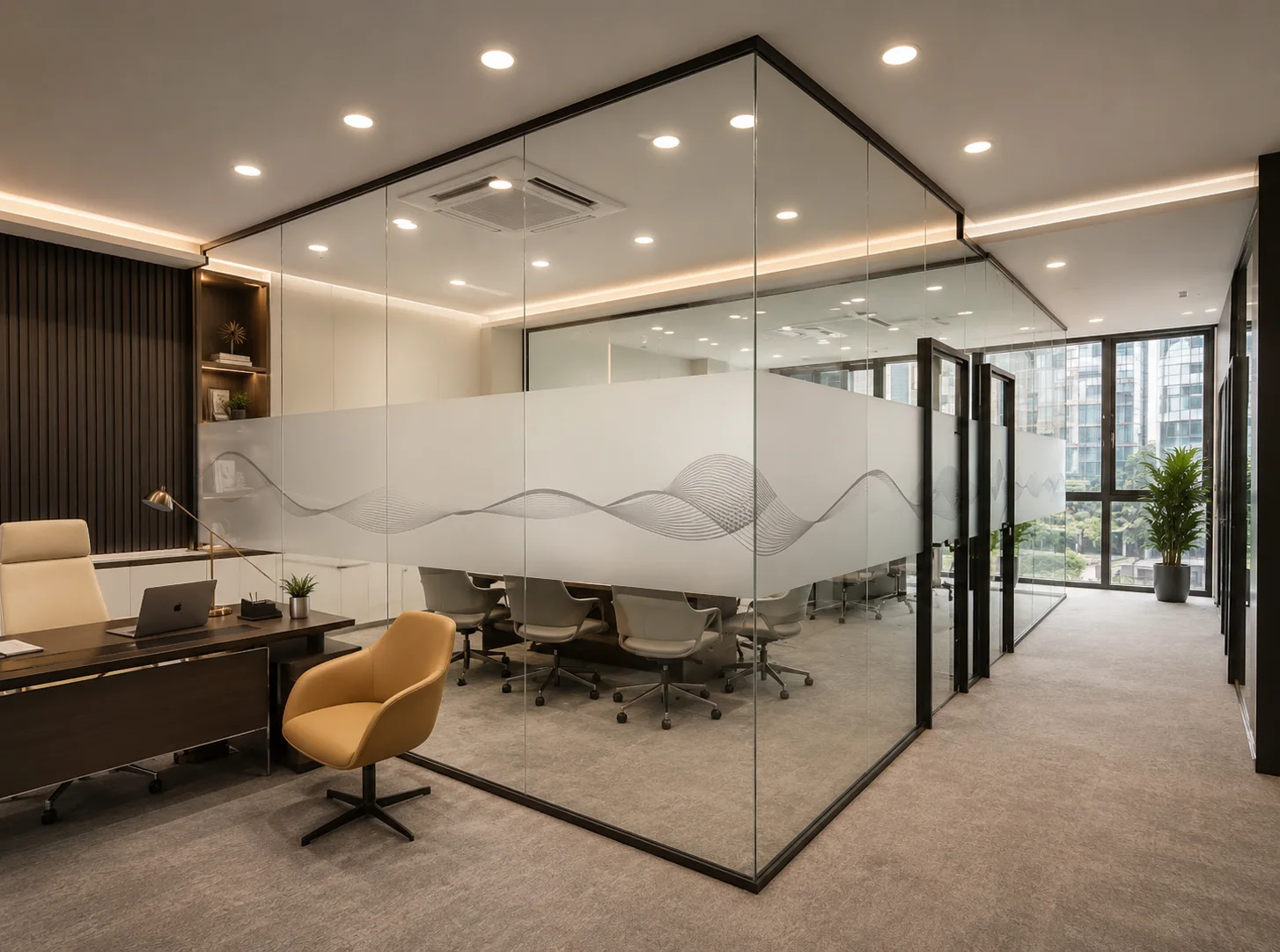 office-eco-friendly-clear-window-film copy دفتر کار لوکس با شیشههای مات مینیمال و فیلم پنجره شفاف اپتیکال دوستدار محیط زیست