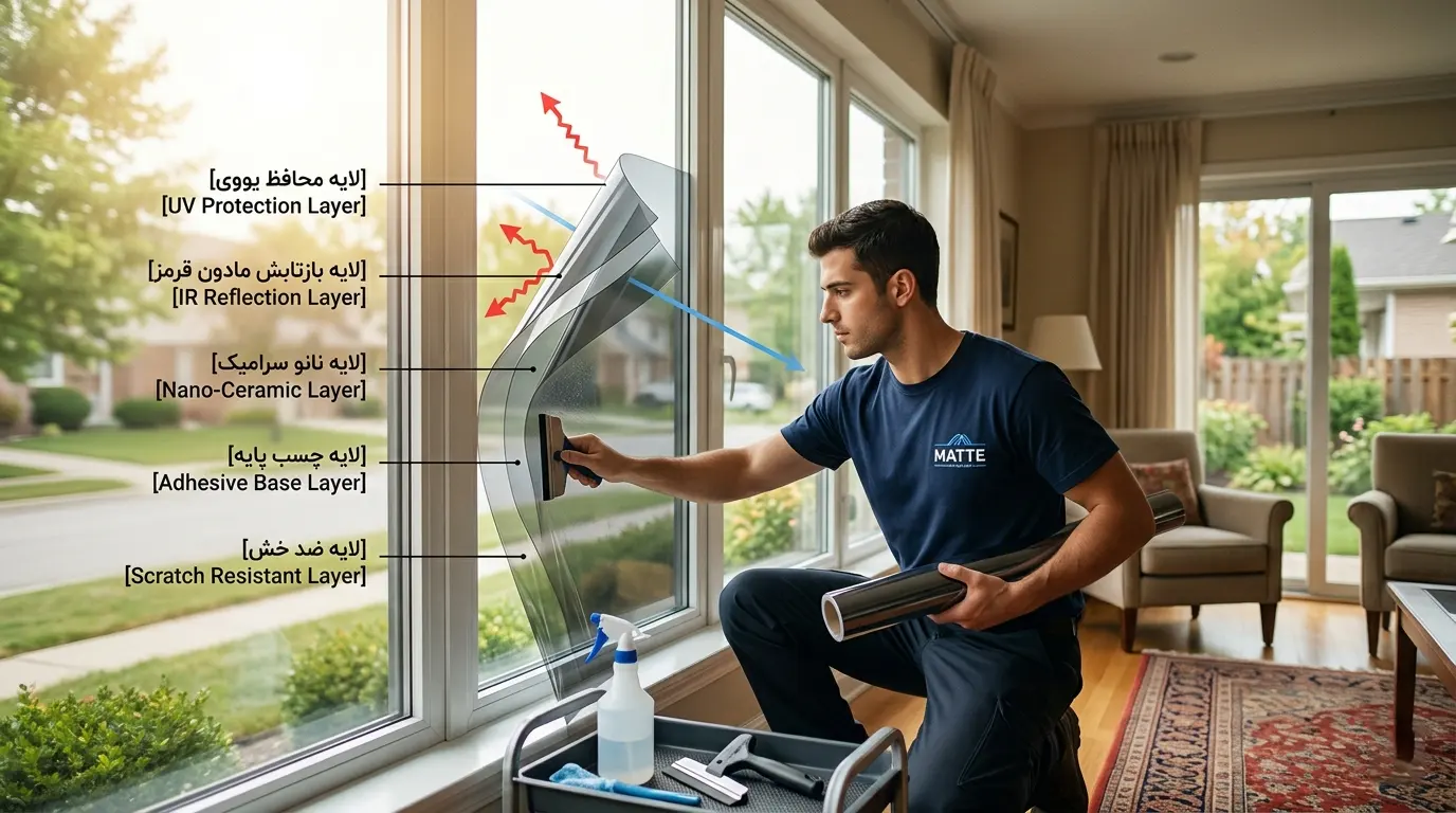 ساختار و لایههای فنی ویندو فیلم حرارتی نانو سرامیک – برند مات ساختار لایههای ویندو فیلم حرارتی شامل لایه محافظ یووی، بازتابش مادون قرمز، نانو سرامیک، چسب پایه و ضد خش همراه با نصاب تیشرت سرمهای MATTE
